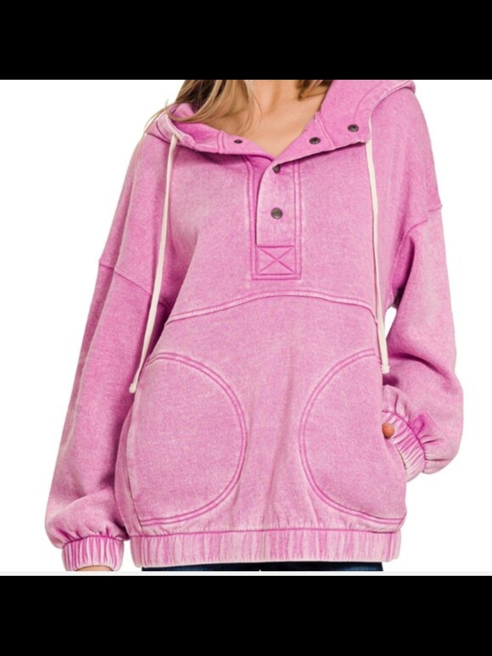 Pink Acid Washed Hooded Pullover Sweatshirt Jacket w/Pockets - Picture 2 of 5